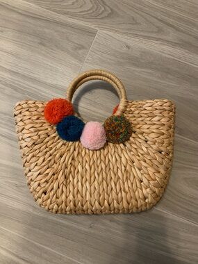 Woven Straw Hobo Bag with Multicolor Pom-Poms - Natural